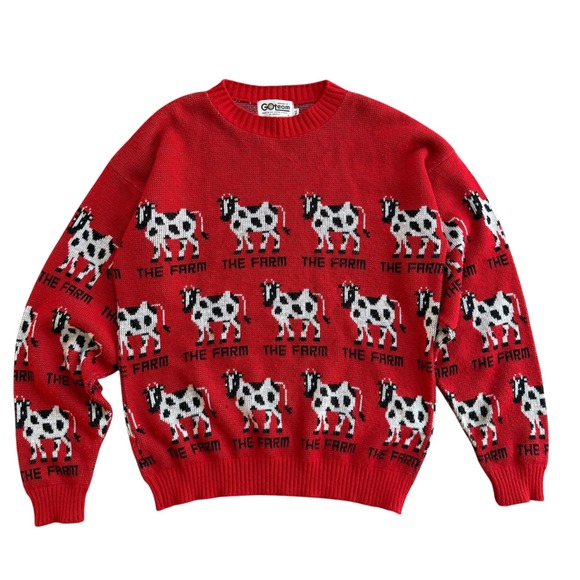 GOteam Red Cow Farm Knit Sweater XL Made in USA Vintage 1986